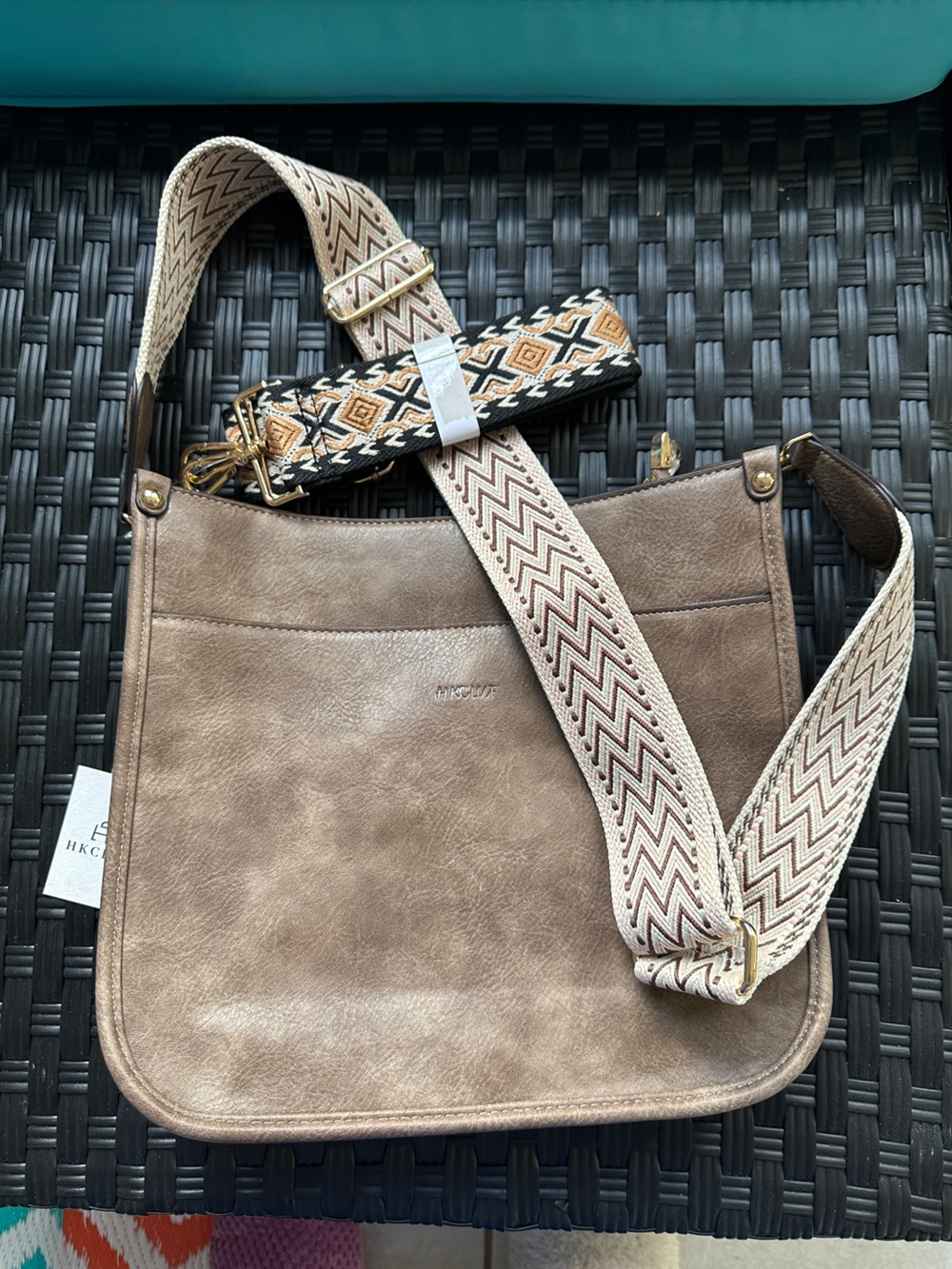 HKCluf Neutral Taupe Crossbody Bag with Patterned Strap, extra strap! NWOT